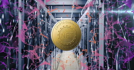 Image of coin with nft and connections over servers