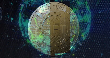 Image of coin with nft and globe with shapes over servers