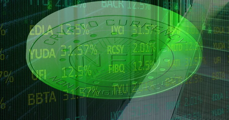 Image of coins with nft and financial graphs and data over servers