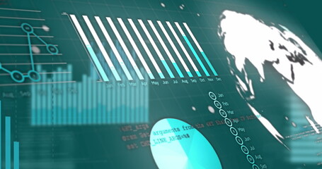 Image of financial graphs and data on green background