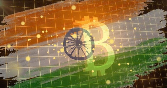 Naklejki Image of dost and bitcoins over flag of india