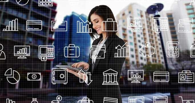 Image of financial icons over caucasian woman with tablet - Powered by Adobe