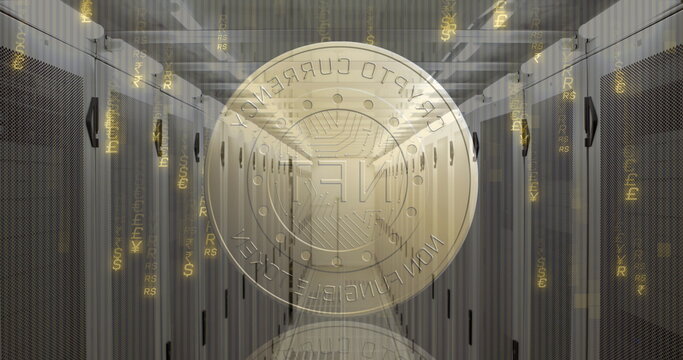 Image of coin with nft and lights over servers