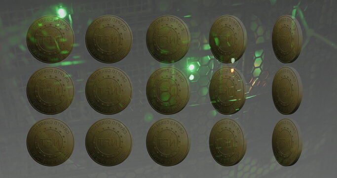 Image of coins with nft and data processing over servers