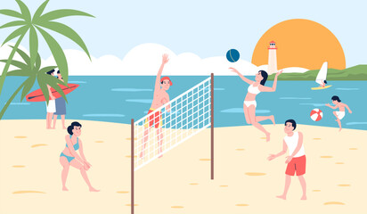 Friends playing beach volleyball. People group in swimsuits, active sport entertainment on seaside. Rest on sea or ocean, summer vacations recent vector scene