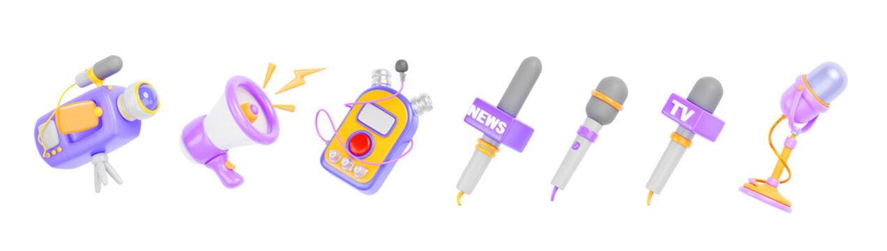 3d set of television and media professional equipment, video and audio icons. Isolated camera, megaphone loud speaker, tv news microphones, voice recorder for conference and interview