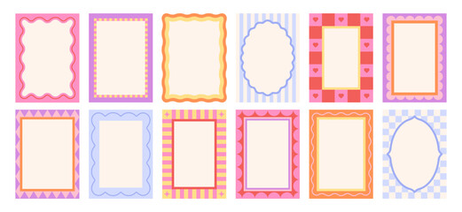 Geometric doodle frames. Wavy edges frame, retro pop art style banners or covers design. Curved bright shapes postcards racy vector templates