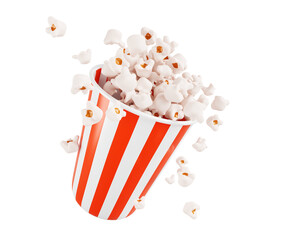 Striped bucket with flying popcorn 3d render icon. Realistic mock up of white and red paper box with pop corn, package for cinema or movie theater. Isolated falling pail with fastfood © marozhkastudio