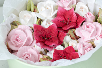 Home-made marshmallow floristry. Natural apple marshmallows, slightly sweet