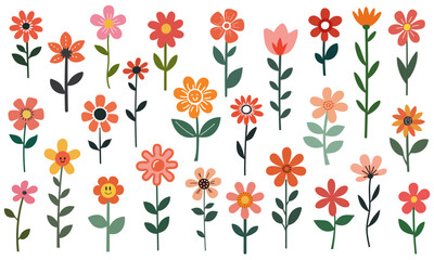 Cute collection of flat cartoon flowers in bright colors. Simple floral icons.