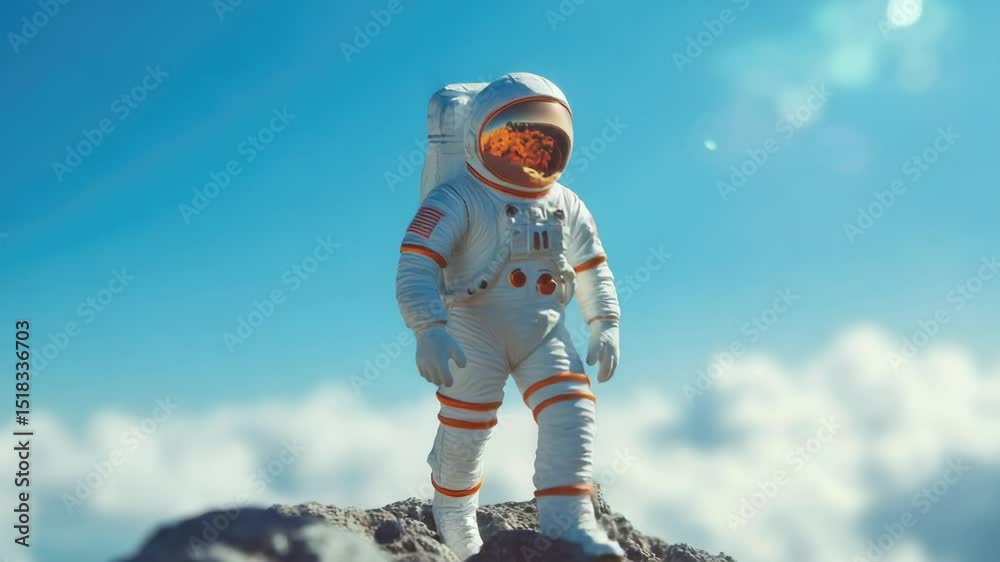 Poster an astronaut standing on the peak of a mountain, with a breathtaking view in the background