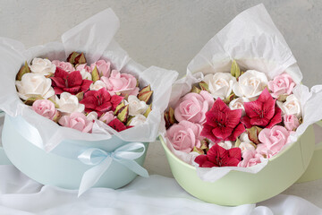 Home-made marshmallow floristry. Natural apple marshmallows, slightly sweet