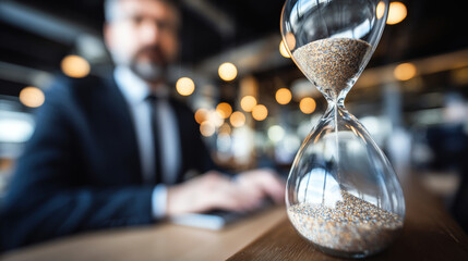Office life passing by symbolized by an hourglass, focus on time and effort under pressure