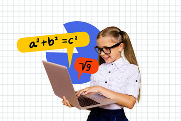 Sketch design trend artwork poster collage of remote lesson nerd pupil school student young girl...