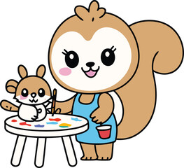Cartoon Squirrel Painting Session Vector Illustration Cute Animal Art Project Crafting Fun Creative Activity Playful Design