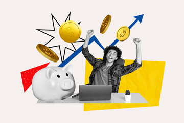 Composite sketch image design trend artwork collage of young man sit work laptop arrow growth piggy money earnings savings rich wealth