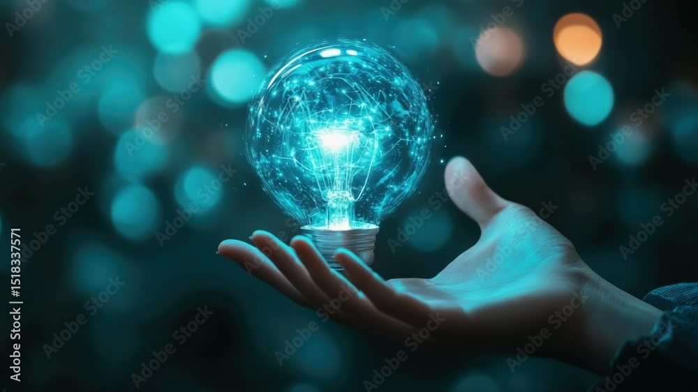 Poster a person holds a glowing light bulb in their hand, illuminated by its soft glow
