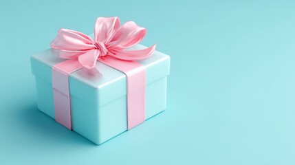 Obraz premium Pastel Blue Gift Box with Pink Ribbon Bow Elegant Present for Birthday Celebration