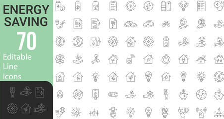 Collection Of Modern Editable Thin Line Style Energy Saving Related Icons Energy Costs, Power Consumption Level, Green House Pictograms, Infographics And More Vector Illustration