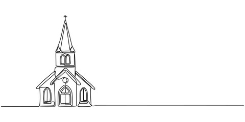 Church one line continuous. Line art church. Hand drawn vector art, One continuous line drawing of church. Easter Sunday banner. Editable stroke, simple, doodle design, vector illustration, Church One