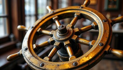 Nautical ship wheel in vintage maritime setting