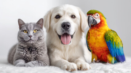 Three friendly pets cat, dog, and parrot sit side by side on white background. Combination of fluffy and feathered pets creates warm and harmonious scene