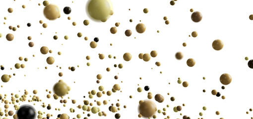 Abstract image of many beige and black spheres floating on a white background. Ideal for presentations or websites.