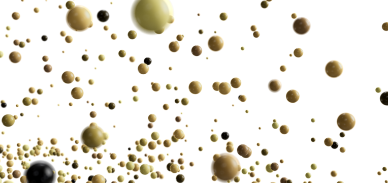 Abstract image of many beige and black spheres floating on a white background. Ideal for presentations or websites.