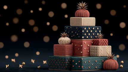 Christmas Gift Boxes Stack with Festive Decor, and Dark Background.