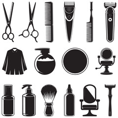 Obraz premium Premium Barber Shop Tools Vector Collection – Scissors, Combs, Razors & Spray Bottles in Silhouette Style . Thank You .