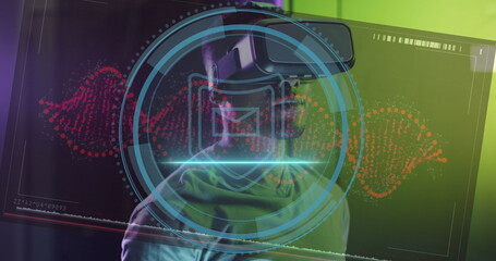 Image of data processing over african american man with vr headset