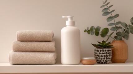 Spa bathroom essentials beige towels stacked neatly next to a white pump bottle and potted plants
