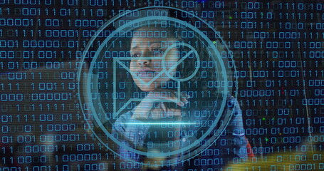 Image of data processing over african american female worker in server room