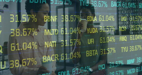 Obraz premium Image of data processing over diverse business people talking in office