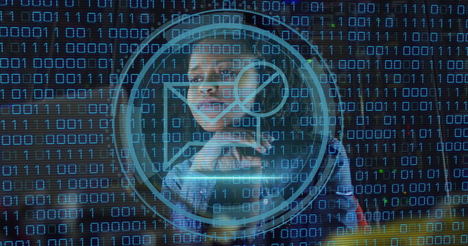 Image of data processing over african american female worker in server room