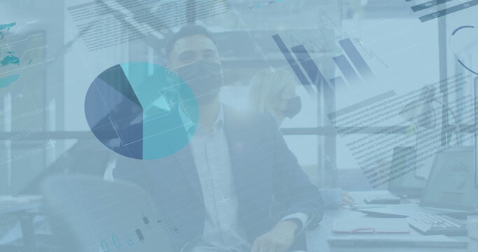 Image of data processing over diverse business people with face masks in office