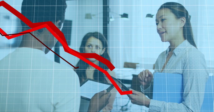 Image of data processing over diverse business people talking in office - Powered by Adobe