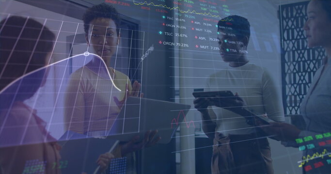 Image of data processing over diverse business people talking in office
