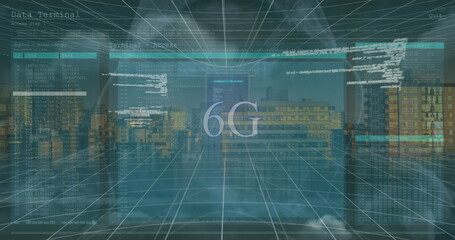 Image of data processing on screens and 6g over cityscape