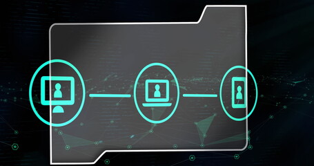 Image of file icon with people media icons over networks of connections on black background