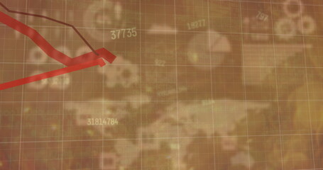Image of graphs and data processing over world map and charts on brown background