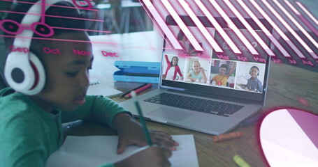 Image of graphs and processing data over african american boy with laptop in online school class
