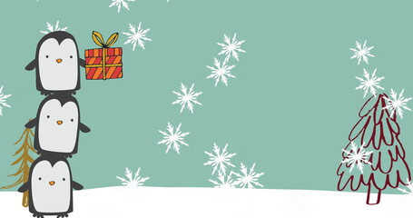 Balancing three penguins on snowy field with flakes, gift box, pine sprig, red tree, copy space © vectorfusionart