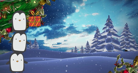 Image of tower of three penguins holding gift over christmas tree, snow and winter landscape