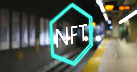 Image of nft logo over underground train arriving at metro station