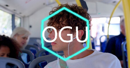Listening man wearing white mesh top sitting in transit bus, using earphones near yellow handrails