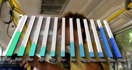 Image of calendar graph processing data over thoughtful caucasian man travelling on bus