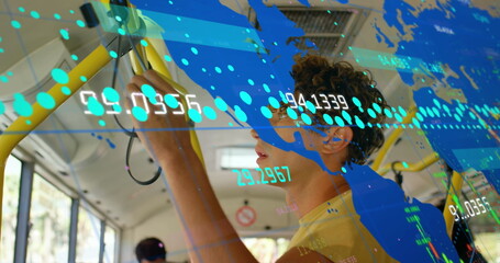 Image of processing data and world map over thoughtful caucasian man travelling on bus