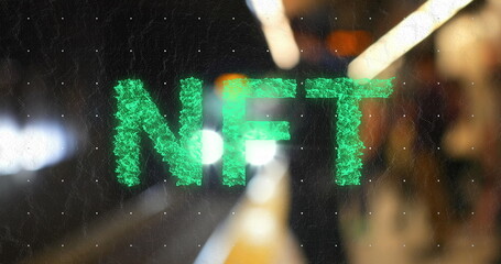 Image of green nft text over underground train arriving at metro station