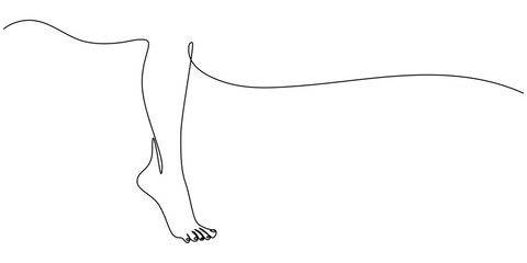 Continuous one line art drawing of bare foot in simple style and outline vector art illustration, Barefoot human footprint drawn in one continuous editable line. Diagonal track of barefoot footprint.
